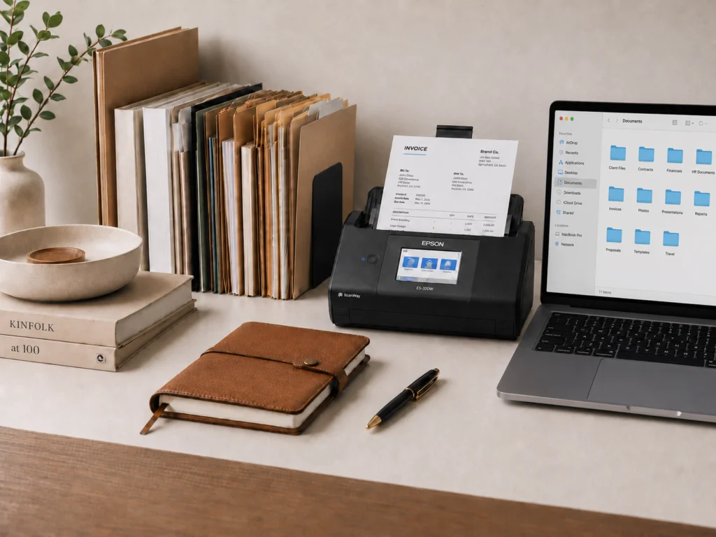 Paper records, an organized scanner, notebook, and computer displaying a clear digital folder system