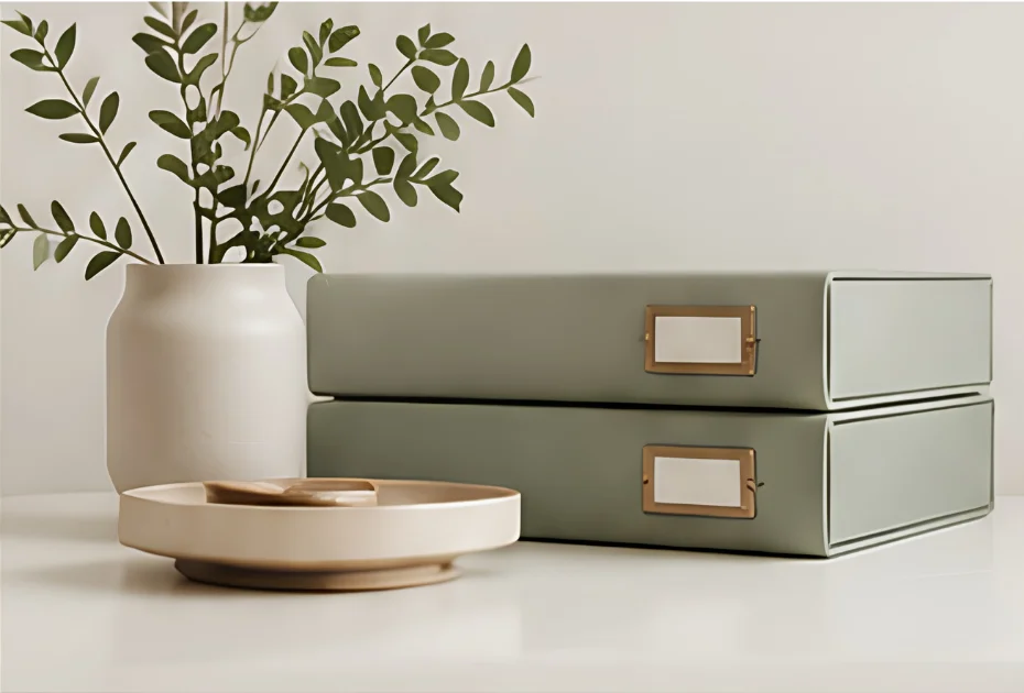 Orderly archival boxes, a small tray, and a botanical branch on a warm neutral table